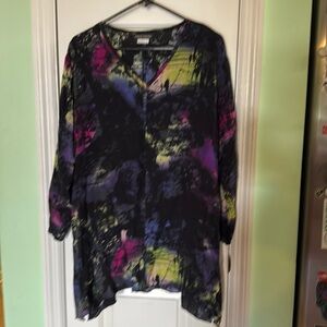 Vintage 90s Carol Turner Tunic SharkTooth USA Blk Purple Grn 3/4 Sleeve Size L
